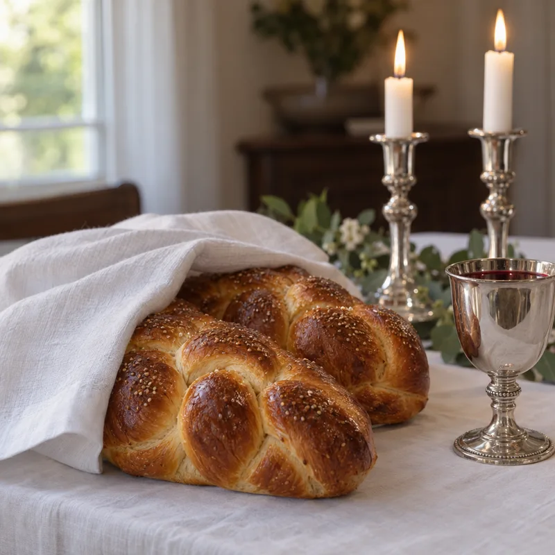 Challah, a kiddush cup and candles on the Shabbos table