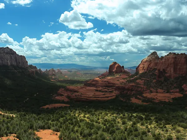 Red rocks and green desert under a blue sky